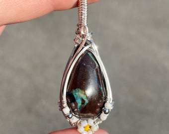 Quality Boulder Opal w Flower Wire Wrapped Necklace