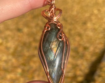 Labradorite Diamond in Copper Wire Wrapped Necklace