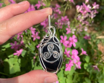 Obsidian Triskelion Wire Wrapped Necklace