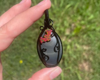 Grey Agate & Black Opal Bat Wire Wrapped Necklace