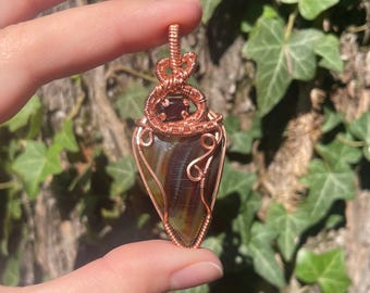 Banded Agate & Garnet Copper Wire Wrapped Necklace
