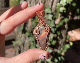 Ammolite Wire Wrapped Necklace in Bare Copper
