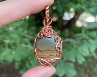 Picture Jasper Mountain Landscape Wire Wrapped Necklace in Bare Copper