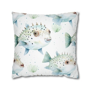 Coastal Puffer Fish Pillow Case, Coastal Theme Pillow Case, Beach Style Pillow Case