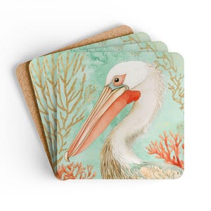 Coaster Set, White Pelican Design, Cork board Backing, Coastal Lover Gift, Home Decor, Housewarming Gift, Table Protector, Coastal Home,