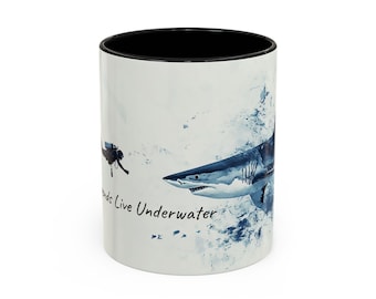 Coffee Mug, Scuba Diver and Shark Mug, Diving Adventures Cup, Legends Live Underwater Gift, 11oz 15oz Accent Mug, diver, Fathers Day Gift