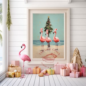 Christmas wall art, Coastal Christmas decor, Flamingo Christmas Art, Flamingo Art, Beach Christmas decor, Christmas Tree, Holiday decor