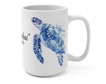 Ocean-Themed 15oz Mug - &#39;Malama i ke kai&#39; - Perfect for Beach Lovers, Gift for Ocean Enthusiasts, Eco-Friendly, Turtle Design, Hawaiian