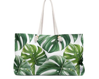 Green Monstera Weekender Bag, Tropical Print Bag, Beach Tote, Vacation Tote, Boat Tote, Island Theme Bag