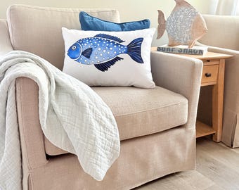 Nautical Fish Pillow Coastal style Pillow Reversible fish Coastal Pillow for kids nursery bedding fish pillow Coastal bedding Kids fish art