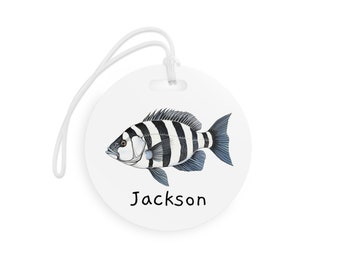 Personalized luggage tag, Sheepshead Luggage Tag, ID bag tag, Travel Tag, Saltwater fish art tag, School bag ID tag, tackle box tag,