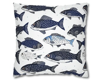 Navy Fish Pattern Pillowcase, Coastal Lake House Decor