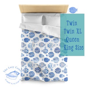 Kids&#39; Blue Watercolor Fish Duvet Cover, Soft Microfiber Ocean Bedding, Coastal Beach House Decor, Twin, Twin XL, Queen , King Size bedding