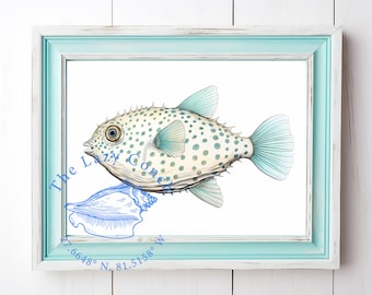 Pintura de acuarela de pez globo, decoración minimalista de habitaciones costeras, peces tropicales de acuarela, carteles de bellas artes modernas, impresión de pez globo para hogares