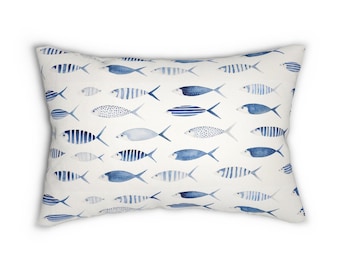 Reversible Blue Fish Lumbar Pillow, Nursery fish pillow, Nautical fish pillow, Coastal pillow, Coastal bedding, Couch coastal pillow
