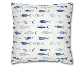 Blue and White Fish Square Pillow Case, Kids fish pillow, Beach house pillow, Lake pillow, Modern fish pillow, blue fish pillow