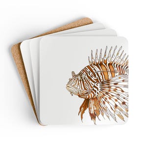 Coaster Set, Lionfish Design, Coastal Fish Coasters, Set of 4, Housewarming Gift, Beach Decor, Man Cave Accessories, Drink Coasters, Table