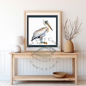 Pelican Art Poster, square art print of coastal bird, Pelican painting print, Florida bird art beach decor, High end print coastal theme