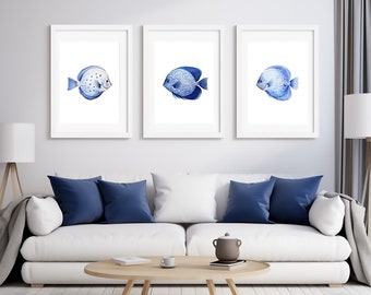 Modern Coastal Wall Art, Discus Fish Art, Instant Download, Blue Fish Print, Printable Fish Art, Beach House Art, Nautical Boy Nursery,