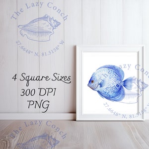 Blue Fish Watercolor Print Instant Download for beach wall decor, Discus Fish Art, Coastal Wall art, Minimalist print ,Housewarming Gift