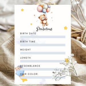Juego imprimible de predicciones y deseos para bebés, tarjeta minimalista de predicción para baby shower, estadísticas de nacimiento del bebé, recuerdo de baby shower para niños