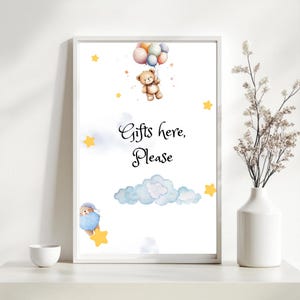 Cartão de mesa de presentes para impressão para chá de bebê, placa de mesa de presentes moderna para chá de bebê, decoração azul para chá de bebê, placa com tema de bebê menino editável