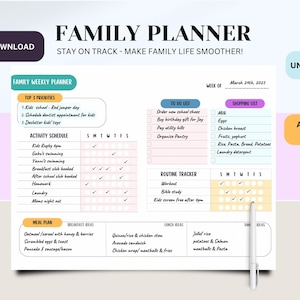 Może przedstawiać: Drukowany planer rodzinny w różowo-niebiesko-żółtej kolorystyce. Planer zawiera sekcje na cotygodniowe priorytety, harmonogram zajęć, plan posiłków, listę rzeczy do zrobienia, listę zakupów i śledzenie rutyny. Planer jest niedatowany i zawiera tekst "Planer, który działa".