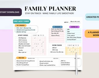 May include: A printable family planner with a pink, blue, and yellow color scheme. The planner includes sections for weekly priorities, activity schedule, meal plan, to-do list, shopping list, and routine tracker. The planner is undated and includes the text "A planner that works".