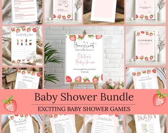 Bundel babyshower-uitnodiging aardbei en games, afdrukbaar pakket Berry Sweet babyshower, bewerkbare roze babyshowergames voor meisjes