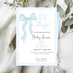 Carte d'invitation numérique pour baby shower avec noeud bleu, invitation de baby shower modifiable Vichy, modèle imprimable de baby shower de ruban bleu