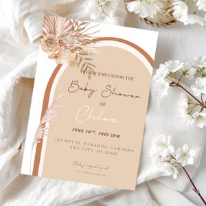 Carte d'invitation numérique pour baby shower bohème, invitation de baby shower d'herbe de pampa rustique modifiable, modèle de baby shower bohème neutre imprimable