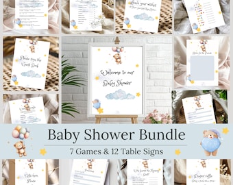 Minimalistic Baby Boy Baby Shower Bundle, Printable Games, Table Cards, Blue Baby Shower Decorations, Editable Template, Instant Download