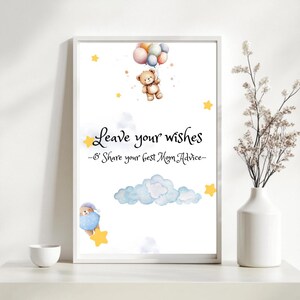 Letrero para baby shower con "Deja tus deseos", tarjeta de consejos para baby shower, papelería para baby shower de niño, plantilla editable e imprimible.