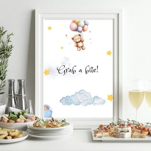 Cartão de mesa para chá de bebê "Grab a Bite", Placa de mesa para comida de chá de bebê para impressão, Design minimalista elegante para chá de bebê, Download instantâneo