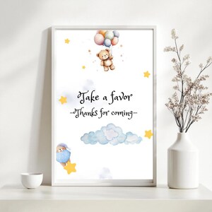 Panneau de table prendre une faveur, carte de table de faveurs de baby shower imprimable, signe minimaliste de fête de shower de bébé garçon, panneau de remerciement bleu baby shower
