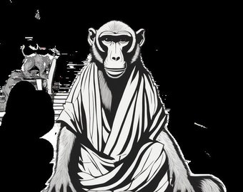 May include: A black and white illustration of a monkey wearing a robe, sitting in a meditative pose. The monkey has a serious expression on its face.