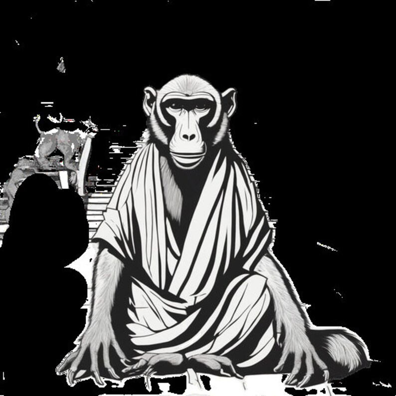 May include: A black and white illustration of a monkey wearing a robe, sitting in a meditative pose. The monkey has a serious expression on its face.