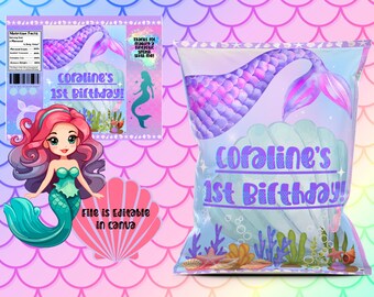 Mermaid Kids Birthday Chip Bag - Editable Chip Bag Canva