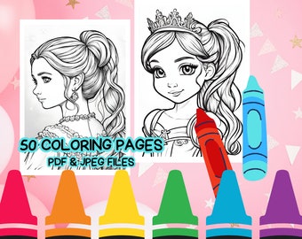 50 Princess Theme Coloring Pages Bundle | Fun Mom And Kids Activities for Kids | Digital Download | Cute Bunny Art