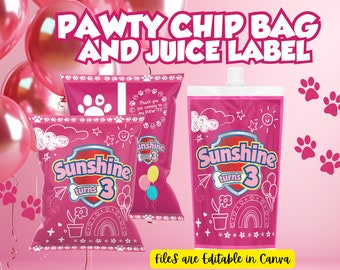 Playful Pawty Chip Bag And Juice Label Bundle - Dog Birthday Party Favors in Pretty Doodles