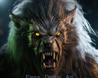Halloween Wall Art Werewolf Digital Monster Gift Funny Decor, Vintage Horror Halloween, Gothic Victorian Werewolf Portrait Christmas Vampire