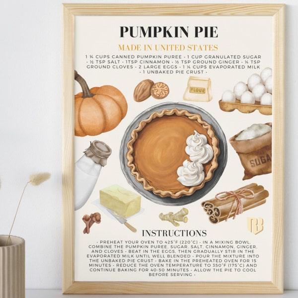 PUMPKIN PIE | Wall Art | recipe print | Kitchen|Home Decor | Retro vintage | Gifts for him|Gifts for her|Food|Wall Hangings|Poster|Cuisine|