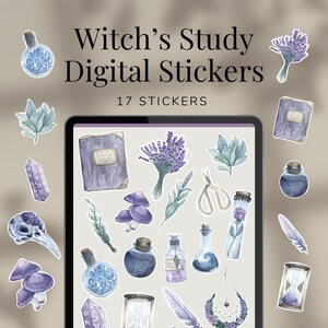 May include: A digital sticker set featuring 17 witchy illustrations, including a book, potion bottles, a skull, a feather, a crystal, a lavender bouquet, and an hourglass. The stickers are in shades of purple, blue, and white.