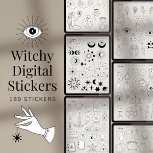 Puede incluir: Un conjunto de 189 pegatinas digitales con temática de brujería. Las pegatinas incluyen ilustraciones de lunas, estrellas, cristales, ojos, manos y otros símbolos místicos. El texto "Witchy Digital Stickers 189 Stickers" se muestra en la imagen.