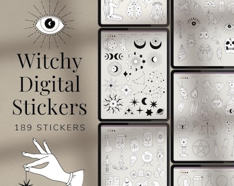 Könnte beinhalten: Ein Set mit 189 digitalen Stickern mit einem Hexen-Thema. Die Sticker enthalten Illustrationen von Monden, Sternen, Kristallen, Augen, Händen und anderen mystischen Symbolen. Der Text "Witchy Digital Stickers 189 Stickers" ist auf dem Bild zu sehen.
