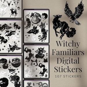 May include: A digital sticker set featuring 107 black and white illustrations of witchy familiars. The set includes images of cats, owls, snakes, bats, wolves, and other creatures. The text "Witchy Familiars Digital Stickers 107 Stickers" is displayed at the bottom of the image.