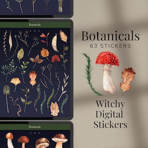 May include: A digital sticker set featuring 63 witchy botanical illustrations. The set includes mushrooms, leaves, branches, and other nature-inspired elements. The text "Botanicals 63 Stickers" and "Witchy Digital Stickers" is displayed on the image.