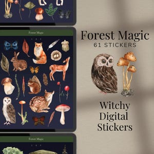 May include: A digital sticker set featuring 61 watercolor illustrations of forest creatures and plants. The set includes an owl, mushrooms, deer, a fox, a squirrel, a rabbit, butterflies, and more. The stickers are perfect for adding a touch of whimsy to your digital planner, journal, or other projects.