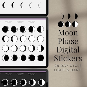 Könnte beinhalten: Ein digitaler Stickerbogen mit 28 Mondphasen in hellem und dunklem Modus. Der Bogen enthält einfache und kreisförmige Designs der Mondphasen.