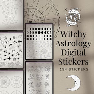 May include: A set of 194 digital stickers featuring witchy astrology symbols. The stickers include moons, stars, zodiac signs, and other celestial imagery. The stickers are black and white and have a minimalist aesthetic.